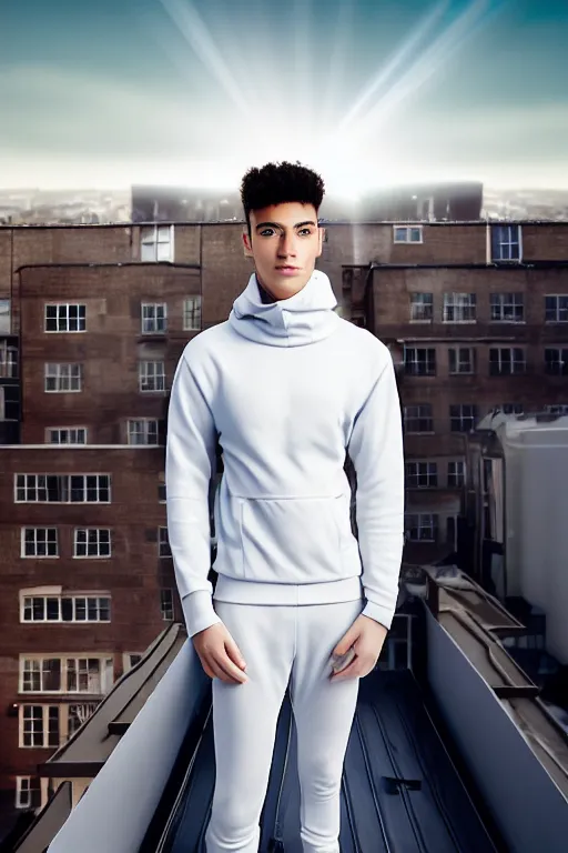 Image similar to un ultra high definition studio quality photographic art portrait of a young man standing on the rooftop of a british apartment building wearing soft padded silver pearlescent clothing. three point light. extremely detailed. golden ratio, ray tracing, volumetric light, shallow depth of field. set dressed.