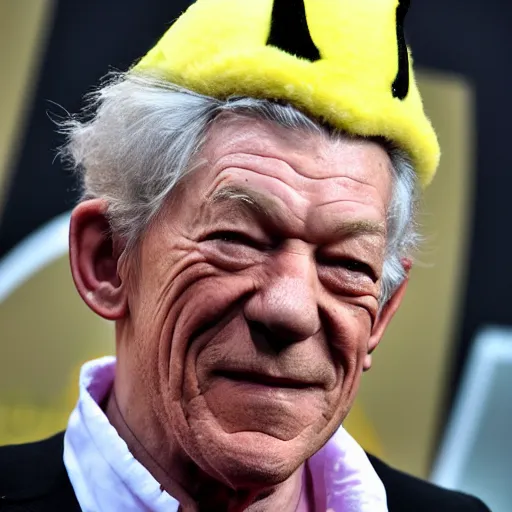 Image similar to ian mckellen dressed up as pikachu, photo dream