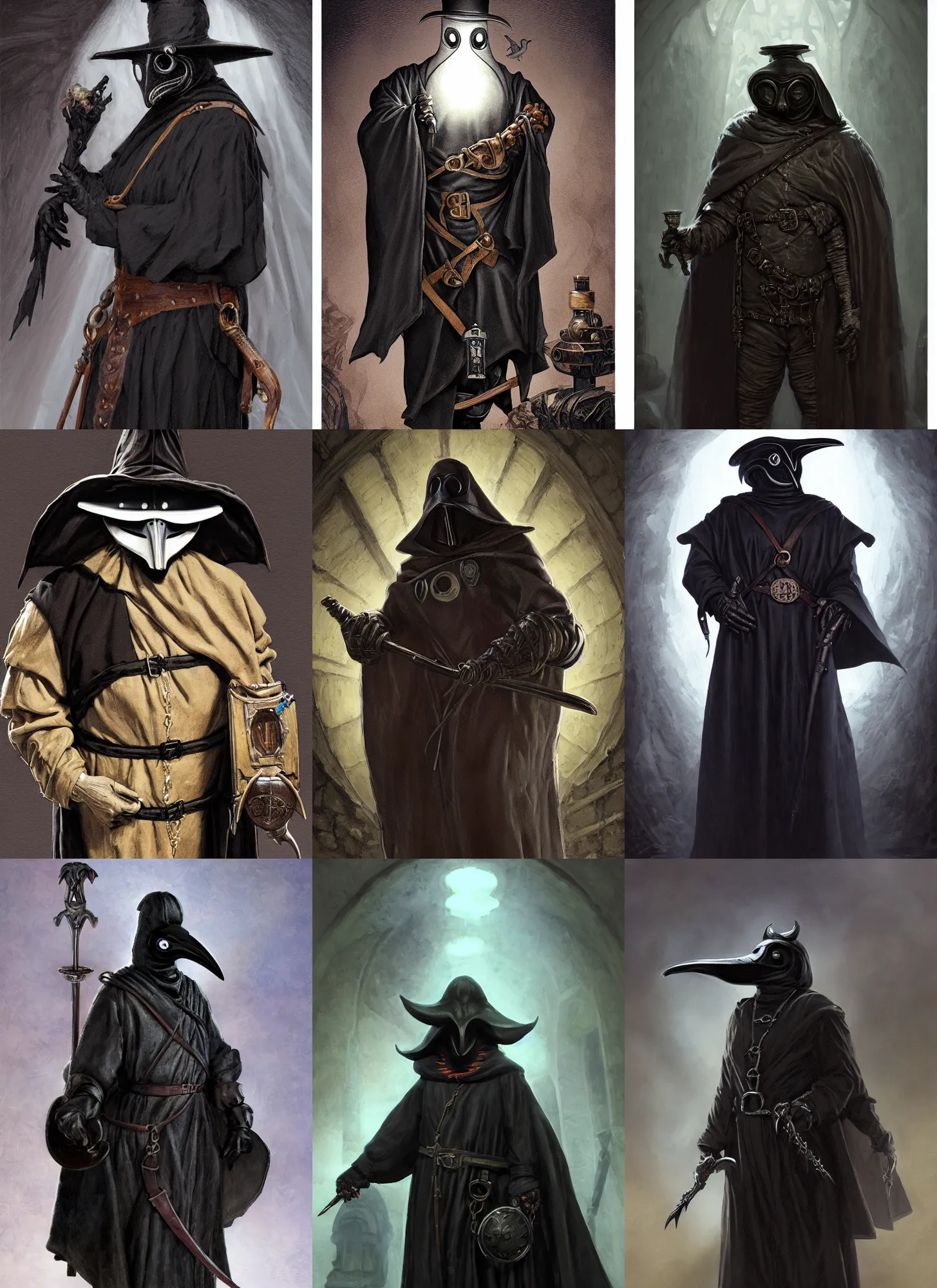 Prompt: a portrait, a plump amphibious humanoid wearing a pointy bird style black plague doctor mask, short in stature, wearing black medieval robes, medical doctor, small vials and pouches on belt, intricate belt, style by donato giancola, wayne reynolds, jeff easley dramatic light, high detail, cinematic lighting, artstation, dungeons and dragons