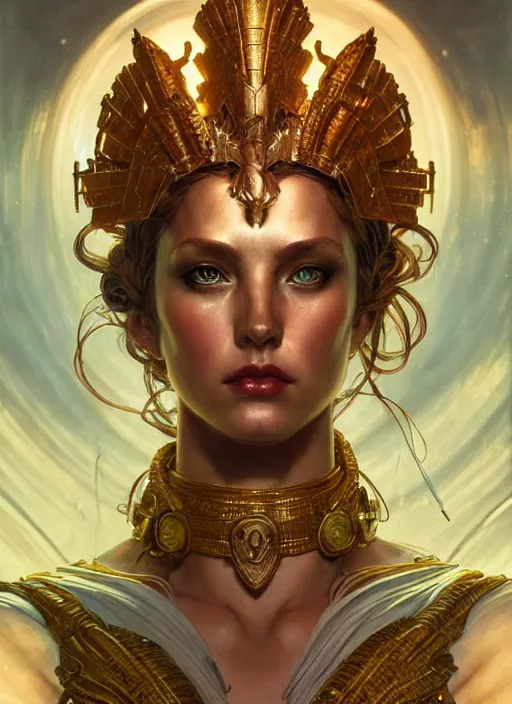 Image similar to the goddess hera looking angry, armour made of paper, volumetric lights, dystopian, intricate, elegant, highly detailed, digital painting, artstation, concept art, smooth, sharp focus, symmetric face, illustration, art by artgerm and greg rutkowski and alphonse mucha