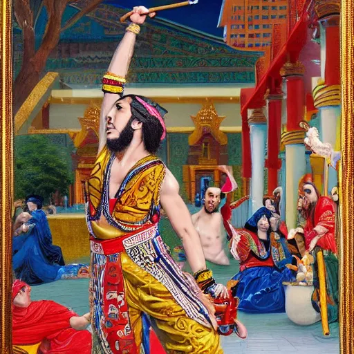 Image similar to orientalist painting of 6ix9ine skating outside of a majestic temple, 8k, very intricate, very detailed,