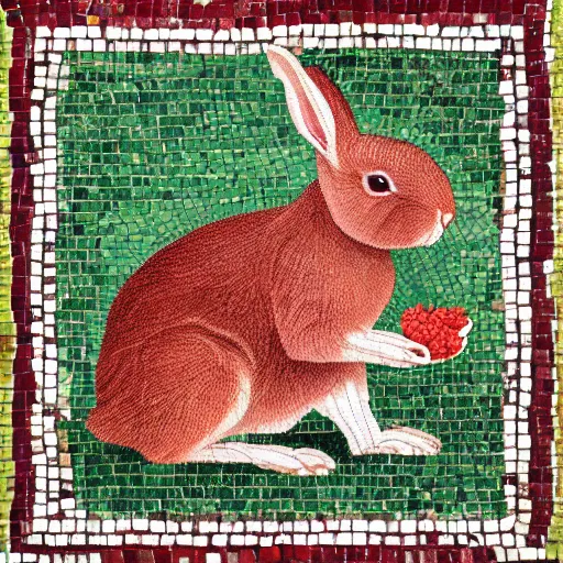 Image similar to a rabbit eating raspberries in the style of ancient mosaic