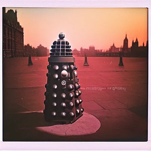 Image similar to dalek in London, sunset, beautiful polaroid photo, by Warhol,