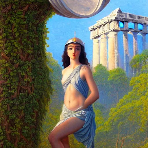 Prompt: beatiful young greek godess in steel helmet looking from a giant Zeus head, greek temple of olympus glory island little wood bridge painting of tower ivy plant in marble late afternoon light, wispy clouds in a blue sky, by frank lloyd wright and greg rutkowski and ruan jia