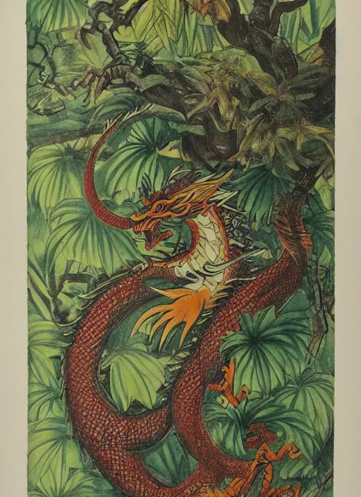 Image similar to vintage chinese dragon in a tropical forest, john james audubon, intaglio, sharp focus