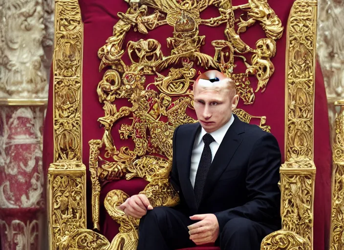 Prompt: A photo of vladimir putin the barbarian sitting on his throne, award winning photography, sigma 85mm Lens F/1.4, perfect faces