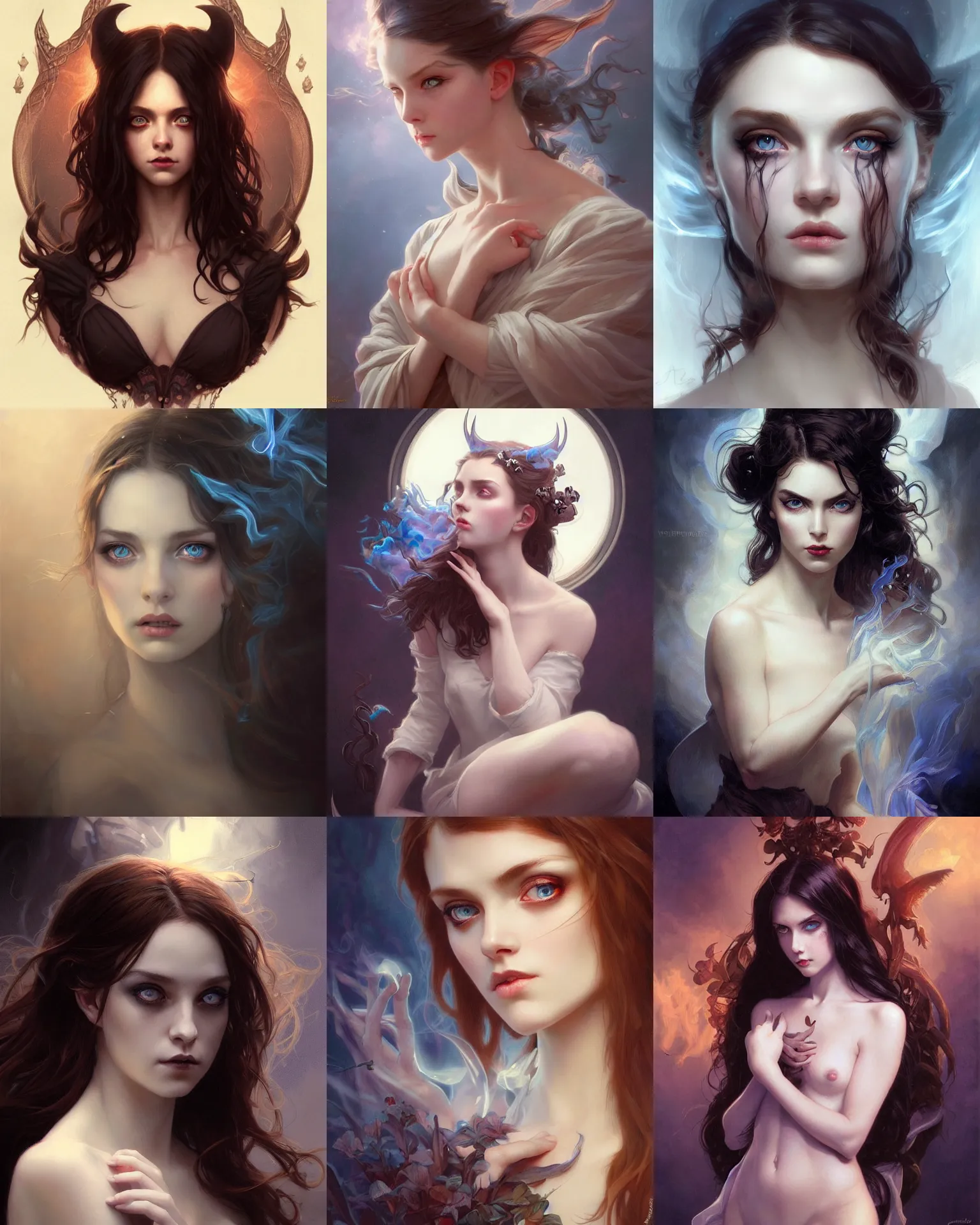 Prompt: portrait of demon girl, dreamy and ethereal, expressive pose, big blue eyes, exciting expression, fantasy, intricate, elegant, dark and moody smoke, highly detailed, digital painting, artstation, concept art, smooth, sharp focus, illustration, art by artgerm and greg rutkowski and ( alphonse mucha )