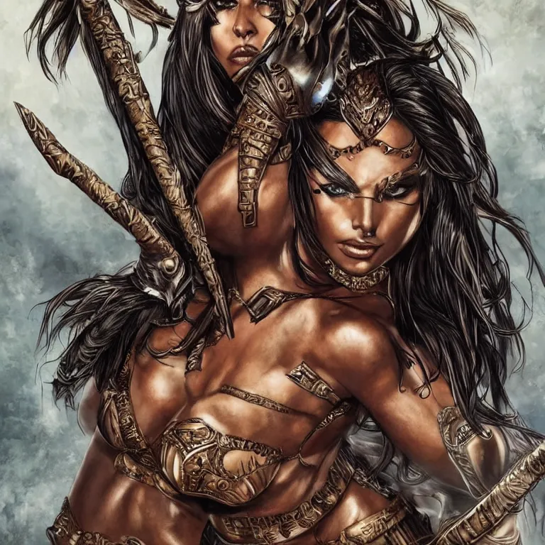 Image similar to adriana chechik as an amazon warrior, a tall beautiful woman with brown skin and long hair, dressed in hellenistic body armor, intricate, elegant, highly detailed, smooth, sharp focus, detailed face, art by ardian syaf