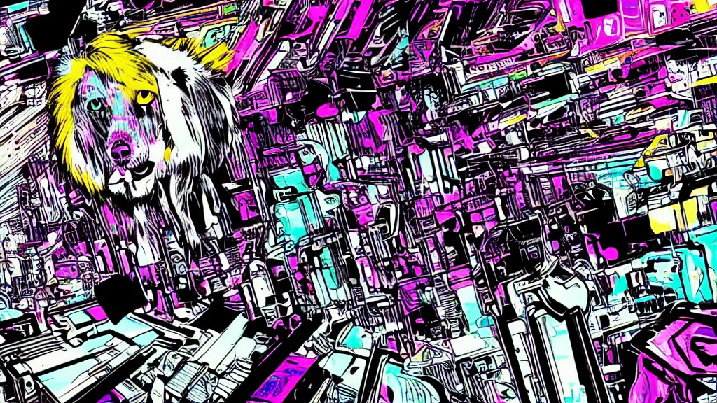 Image similar to dog futuristic japanese backlight cyberpunk by roy lichtenstein, by andy warhol, ben - day dots, pop art, bladerunner, pixiv contest winner, cyberpunk style, cyberpunk color scheme, mechanical, high resolution, hd, intricate detail, fine detail, 4 k