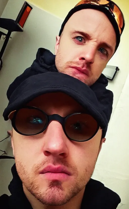 Image similar to img _ 2 4 2 4. jpg. jesse pinkman selfie. candid, snapchat, instagram, hashtags, accidental selfie, front camera, tiktok, popular, realistic, real life