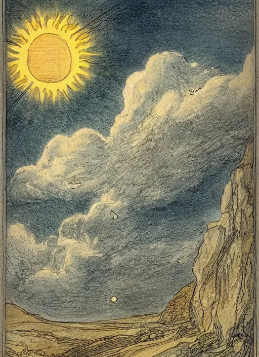 Image similar to day sky, sun prominently in the center, surrounded by clouds, landscape, illustrated by peggy fortnum and beatrix potter and sir john tenniel