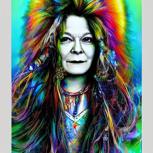 Image similar to portrait of janice joplin at age 2 7 in psychedelic colors, painted by artgerm