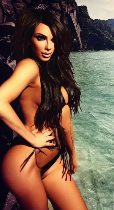 Image similar to photo from behind of a mix between taylor swift and kim kardashian in a bikini posing for a picture, goddess of chaos, a polaroid photo by michelangelo, instagram model, arabesque, hd, black background, sensual