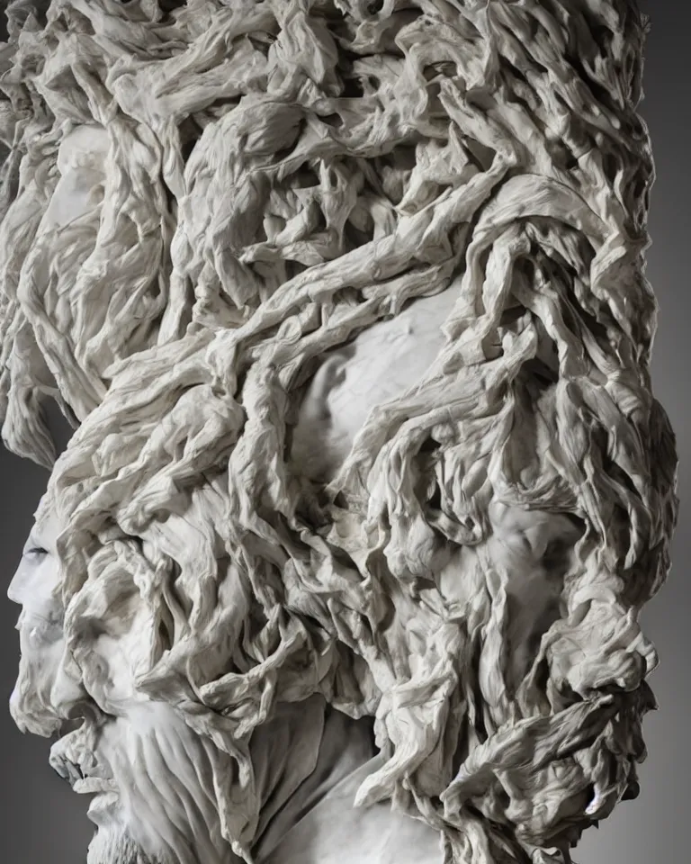 Prompt: Epic view of intricate stained bear-man multiple faces looking backwards using a silver veil statue sculpted on white marble by Antonio Corradini, Bernini and Nicola Samori