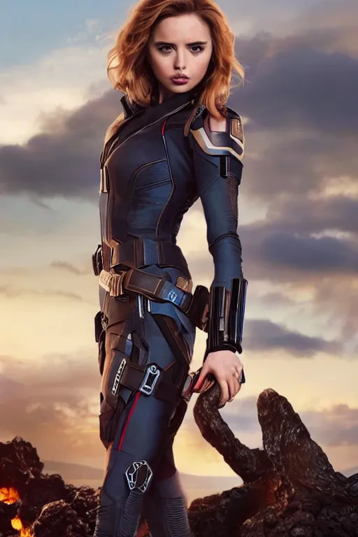 Prompt: Ana de Armas as Black Widow in Avengers Infinity War, posing for Gucci, set on volcano in Hawaii, seductive, sexy, lusting, staring at you, masterpiece, close up, highly detailed features