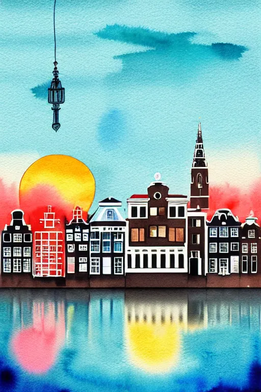 Prompt: minimalist watercolor art of amsterdam at sunset, illustration, vector art