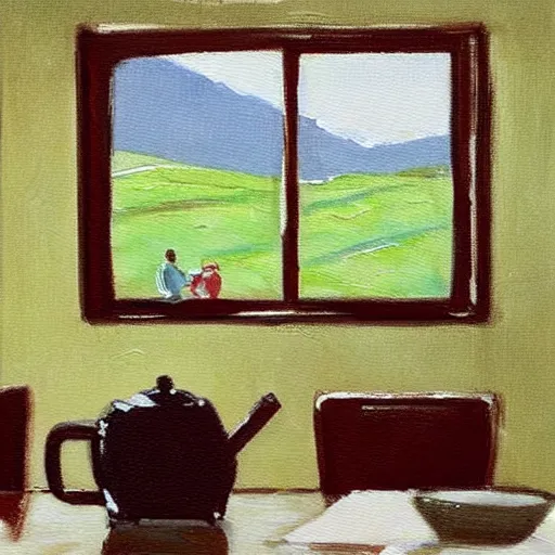 Prompt: “ nostalgic painting of a breakfast table with a steaming cup of coffee and a newspaper. the window behind it shows a green idyllic hill with a road on it, and families walking to school. realistic style. ”