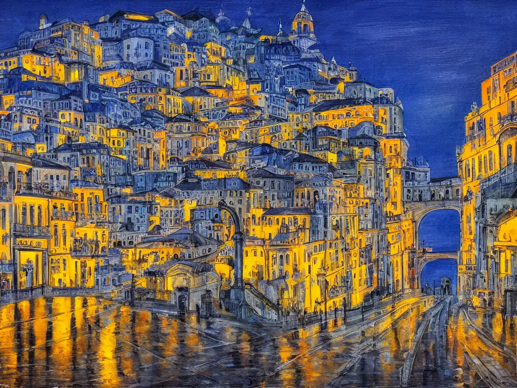 Image similar to lisbon city at night, art in the style of fernando calhau