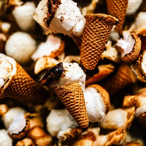 Prompt: a photograph of a clump of ice cream cones growing out of the cavity in a roast turkey like mushrooms. Shallow depth-of-field