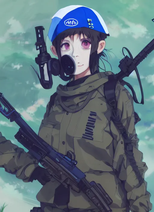 Prompt: a paintball sport player girl, softair center landscape, illustration, concept art, anime key visual, trending pixiv fanbox, by wlop and greg rutkowski and makoto shinkai and studio ghibli and kyoto animation, psp world cup, symmetrical facial features, short hair, white urban pop clothes, blue lens airsoft mask, blue airsoft pistol, realistic anatomy