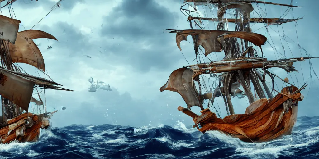 Image similar to pirate ship sailing on rough seas, giant squid 🦑 attacking pirate ship, photorealistic illustration, high quality render, 8 k resolution