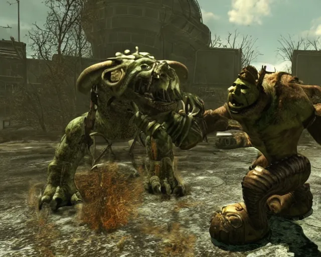 Image similar to screenshot from fallout 3 of shrek fighting a deathclaw, ray tracing, photorealistic graphics, nuka cola factory, swamp vs radiation,