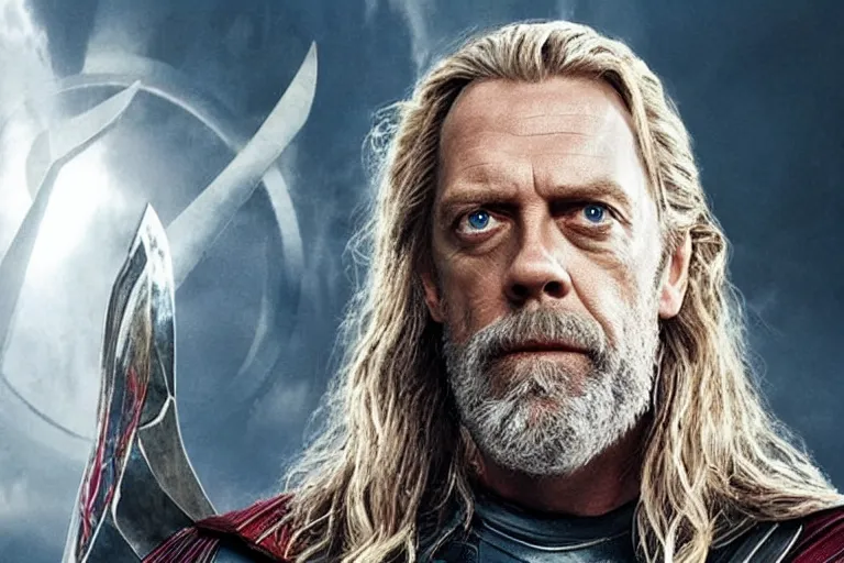 Image similar to promotional image of Hugh Laurie as Thor in the new Avengers movie, realistic, detailed face, movie still frame, promotional image, imax 70 mm footage