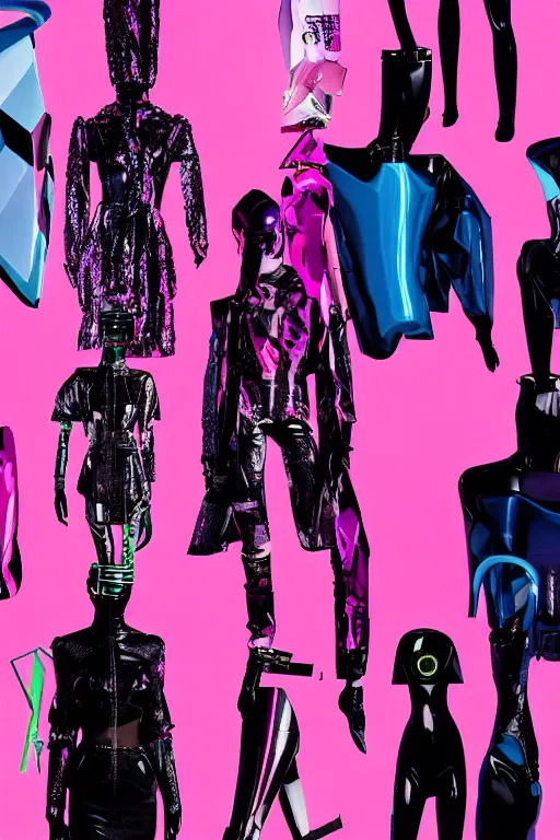 Image similar to an award winning fashion photograph of Balenciaga's fashion week 2049, cyberpunk, futuristic, Bladerunner 2049, dazzle camouflage!!, dayglo pink, dayglo blue, raven black, corporate