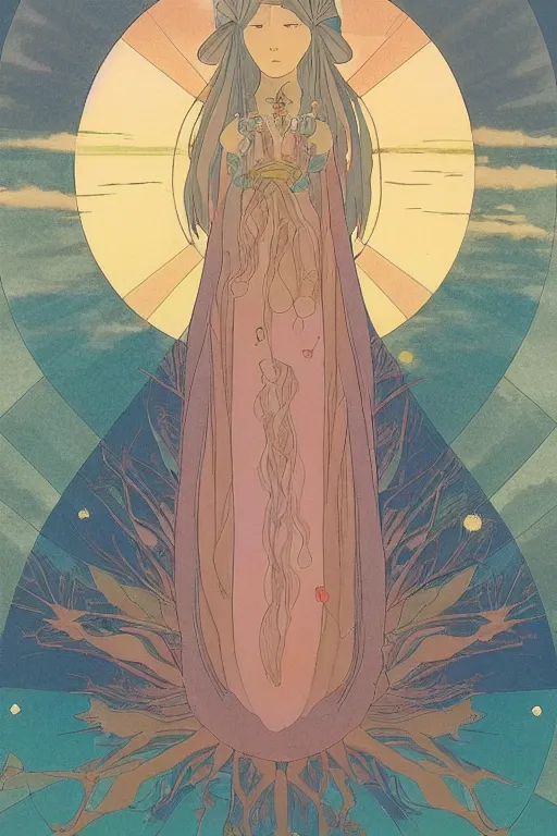 Image similar to A mystic woman peers over the horizon to find the sun setting over another planet and a fine mist of mana obscuring her vision by studio ghibli and mucha