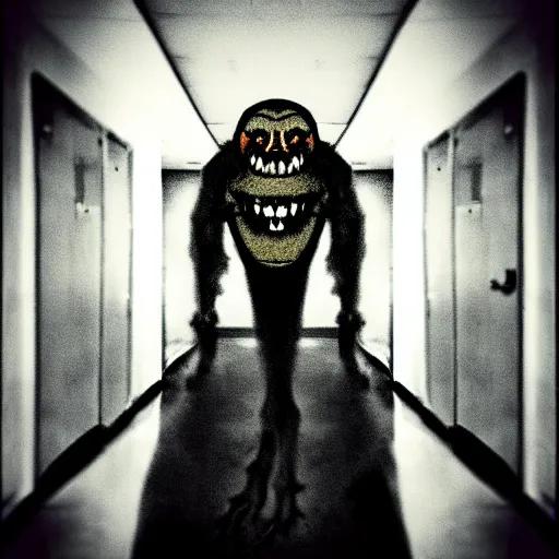 Prompt: a scary and grotesque monster lurking in a hospital hallway. grotesque. scary. dark. low lighting.