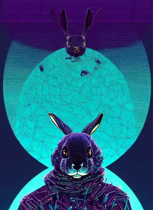 Prompt: symmetry!! stunning portrait of frank the bunny from donnie darko, blues, purples, blacks, by victo ngai, kilian eng vibrant colors, dynamic lighting, digital art, winning award masterpiece, fantastically beautiful, illustration, aestheticly inspired by beksinski and dan mumford, upscale with simon stalenhag work, artstation, 8 k