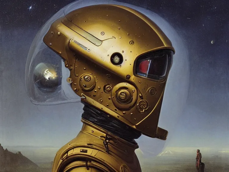 Image similar to a detailed profile oil painting of an ominous figure in a spacesuit with reflective visor, symmetrical and science fiction theme with aurora lighting by beksinski carl spitzweg and tuomas korpi. baroque elements, full-length view. baroque element. intricate artwork by caravaggio. Trending on artstation. 8k