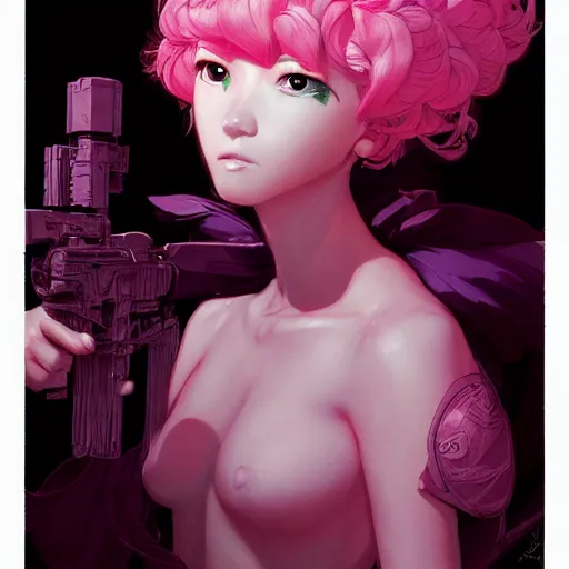 Image similar to prompt : stealthy rogue pink character portrait soft light painted by james jean and katsuhiro otomo and erik jones, inspired by evangeleon anime, smooth face feature, intricate oil painting, high detail illustration, sharp high detail, manga and anime 1 9 9 9