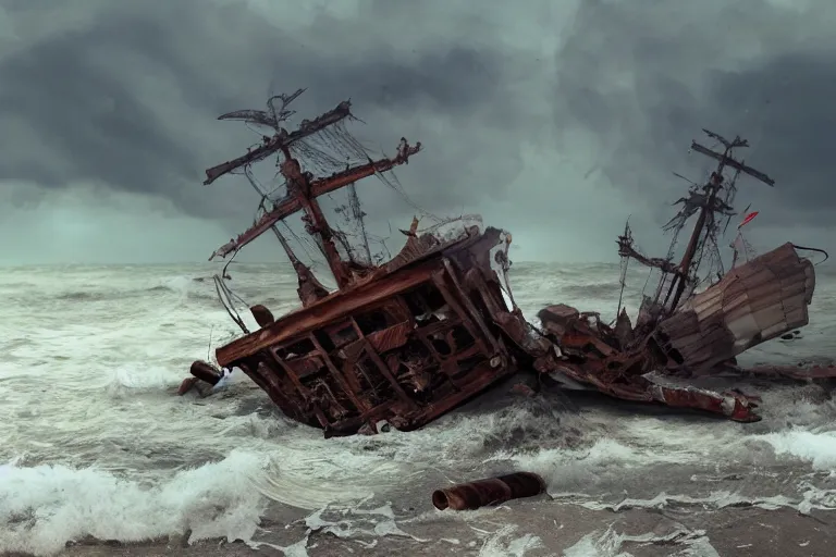 Image similar to pirate ship wreckage beached, in a storm, in the style of vernon grant and chris van allsburg, trending on artstation, bright tilt - shift camcorder effect, photoshop, retrowave, hyperrealism,