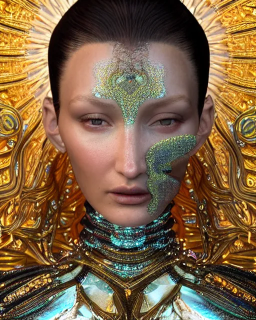 Image similar to a highly detailed metahuman 4 k close up render of an alien goddess bella hadid as jesus christ in iris van herpen dress schiaparelli in diamonds crystals swarovski and jewelry iridescent in style of alphonse mucha gustav klimt trending on artstation made in unreal engine 4