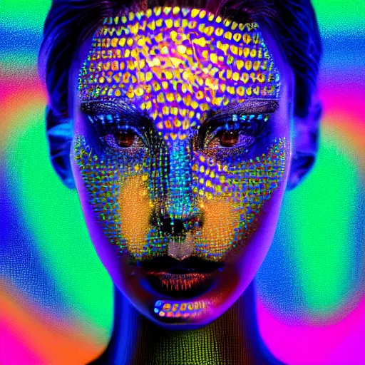 Image similar to hyperdetailed masterpiece portrait of a glossy dark blue metallic statue of a woman covered in colorful glowing digital circuits and hexagons, symmetrical, in the style of virgil abloh, offwhite, heron prestorn, denoise, vogue, paris, fashion, louvre museum, highly detailed, realistic, hyperreal, 8 k, 4 k, render