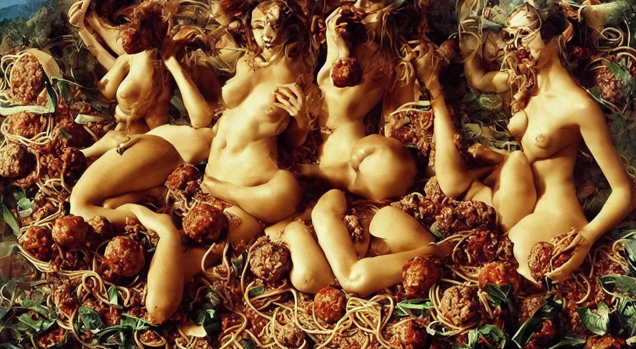 Prompt: photo, bizarre compositions, blend of perfect woman bodies, spaghetti bolognesa, meatballs by dali, exquisite detail