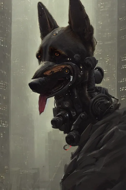 Image similar to new york city portrait of furry anthro anthropomorphic german shepard head animal person fursona wearing clothes strange cybernetic augmentations cyber muzzle gloomy rainy cyberpunk digital art by Greg Rutkowski, Simon Stalenhag, trending on Artstation, CGSociety