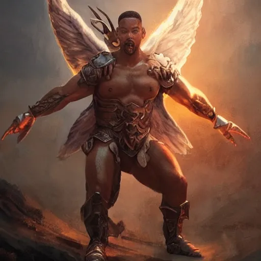 Prompt: will smith fights against demons dressed as a gladiator and with angel wings, cinematic lighting, highly detailed, concept art, art by wlop and artgerm and greg rutkowski, masterpiece, trending on artstation, 8 k