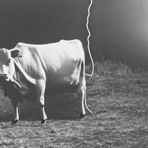 Prompt: vintage photo of a cow being abducted by aliens