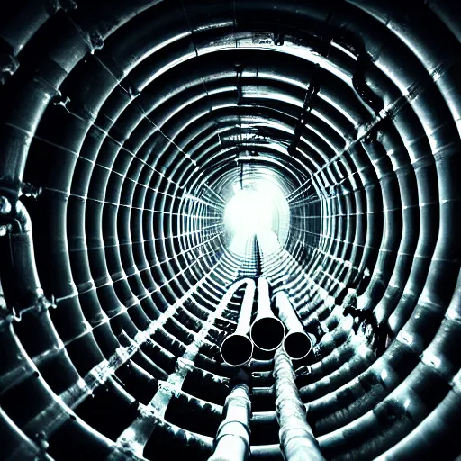 Image similar to a tunnel of leaky pipes and tubes, stretching out into an infinite abyss, broken, sewer, dark atmosphere, horror, unsettling, 4 k, high definition, intricate detail, chaotic,