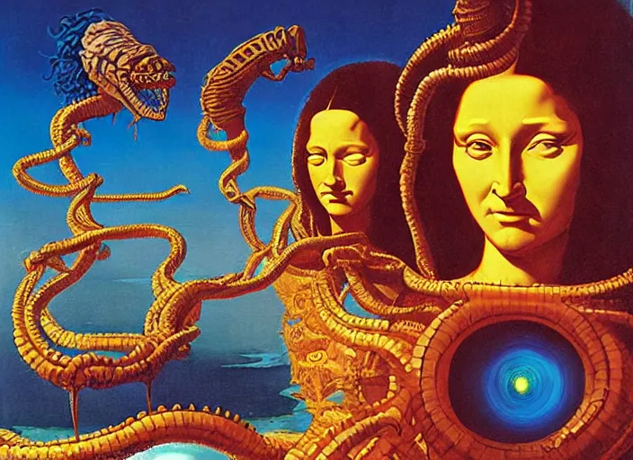 Image similar to monalisa as medusa, omnious by kilian eng, chris foss, rodney matthews, robert mccall, jacek yerka and vladimir kush, oil on canvas