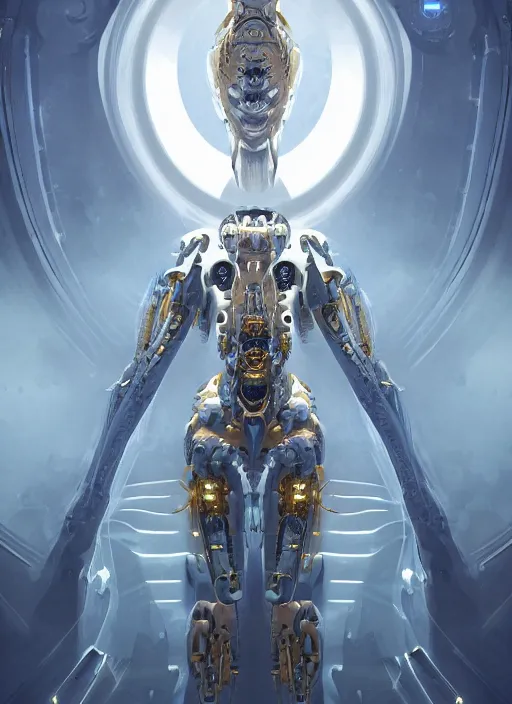 Image similar to benevolent cyborg necromancer, scifi, futurism, alien room background, white, blue, gold, highly detailed, trending on artstation, soft light, sharp edges, illustration, spiritual, technology, art by vitaly bulgarov and nivanh chanthara