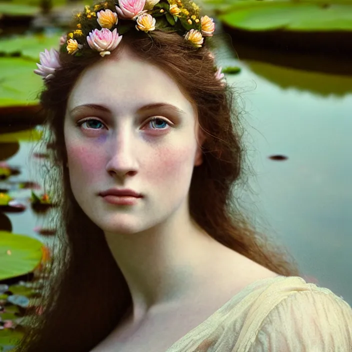 Prompt: Kodak Portra 400, 8K, soft light, volumetric lighting, highly detailed, britt marling style 3/4 ,portrait photo of a beautiful woman how pre-Raphaelites painter, the face emerges from the water of a pond with water lilies, a beautiful lace dress and hair are intricate with highly detailed realistic beautiful flowers , Realistic, Refined, Highly Detailed, natural outdoor soft pastel lighting colors scheme, outdoor fine art photography, Hyper realistic, photo realistic