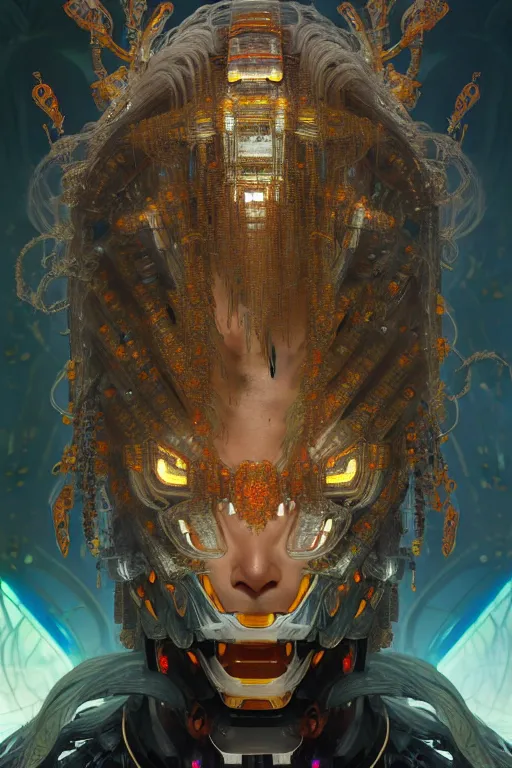 Image similar to asura from chinese myth, ghost, gorgeous and huge head ornaments, dystopian, cyberpunk, organic fractal mycelum and fungi, mecha, halfturn portrait of a big crystal face made of crystals half - turn, ominous, intricate, studio, art by anthony macbain + greg rutkowski + alphonse mucha, concept art, 4 k, sharp focus