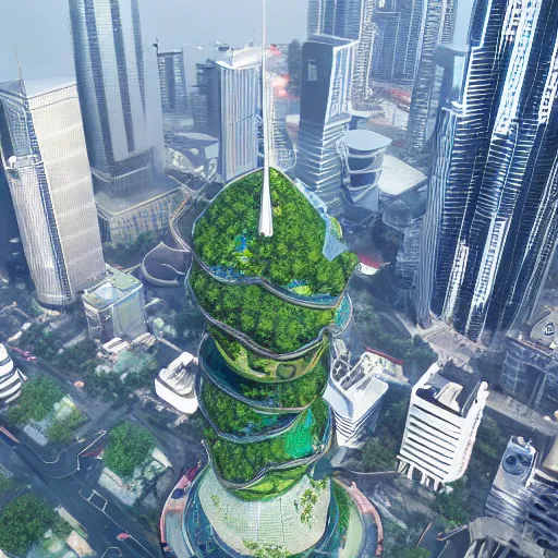 Image similar to aerial view of a giant fish tank shaped like a tower in the middle of Shanghai city, 8k octane render, photorealistic