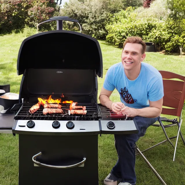 Image similar to a photograph of jerma 9 8 5 having a barbecue