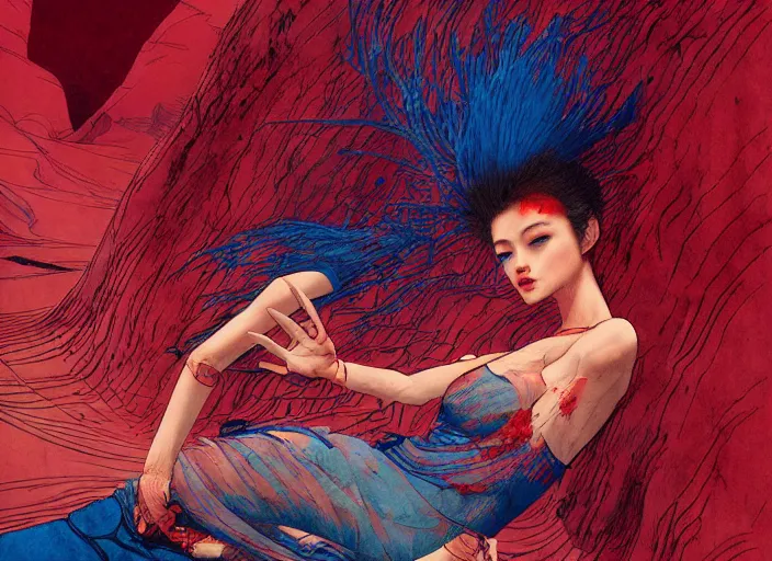 Prompt: lee jin - eun emerging from pink water in cyberpunk theme during a blood moon by the edge of a royal blue antelope canyon by conrad roset, nicola samuri, dino valls, m. w. kaluta, rule of thirds, seductive look, beautiful