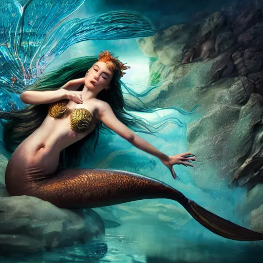 Prompt: full body pose, hyperrealistic mixed media painting of beautiful mermaid, dim volumetric lighting, 8 k, octane beautifully detailed render, extremely hyper detailed, intricate, epic composition, cinematic lighting, masterpiece, trending on artstation, very very detailed, masterpiece, stunning, hdr, smooth, sharp focus, high resolution, award, winning photo, dslr, 5 0 mm