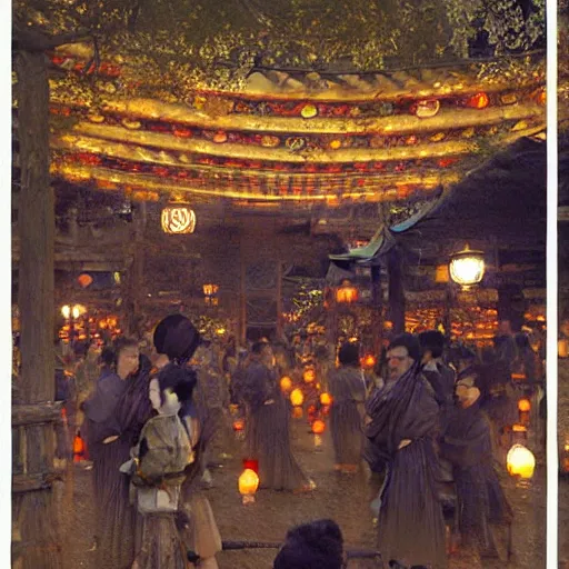 Prompt: a beautiful painting of the lantern festival in old kyoto, by james gurney, donato giancola, and john williams waterhouse